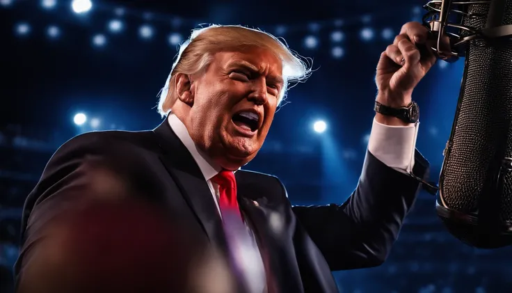 donald trump, singer, muscular, tight sleeveless 3 piece suit, phot realistic, 8k resolution, highly detailed, masterpiece handling a microphone while singing