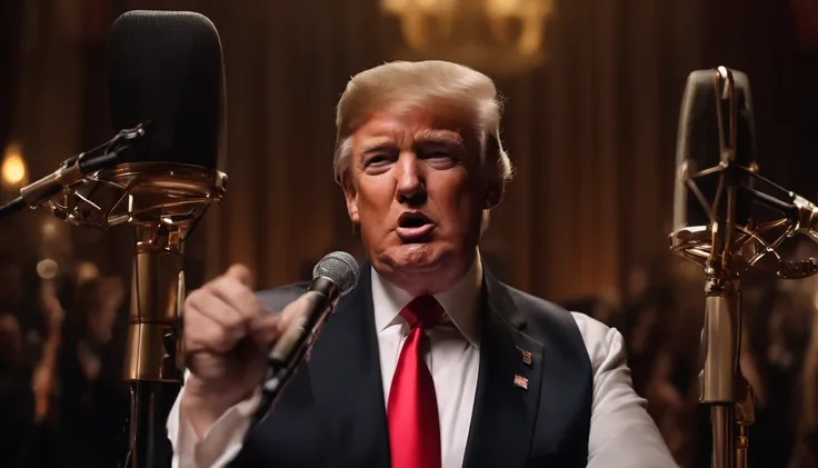 donald trump, singer, muscular, tight sleeveless 3 piece suit, phot realistic, 8k resolution, highly detailed, masterpiece handling a microphone while singing