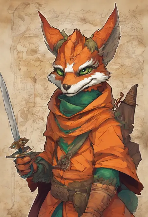 (((by Zackary911, by Kenket, by Kilinah))), solo male, bright orange skin, orange scales, (((Kobold)), (detailed kobold)) wearing a red cloak with a hood, green gem on the collar, bandaged thighs and bandaged chest, muscular toned, squirrel ears, kobold ta...