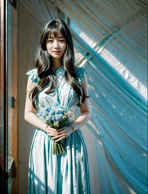 Beautiful Asian Girls,Long black hair,Delicate and delicate face,light  smile,Holding a very beautiful bouquet of light blue flowers,Beautiful clothes,Perfect hands,Solid color light gauze background,detail-rich,Movie lighting,contrast of light and shadow,...