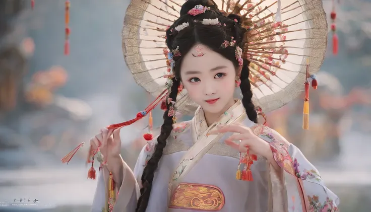 China-style，Tang dynasty baby girl，Hanfu，Cute and cute，a ball head，Take a bunch of sugar gourds，The lively streets of Changan，eery，Full body like，Detailed and accurate，depth of fields，8K,A high resolution,tmasterpiece,Beautiful wallpapers,high qulity,high ...