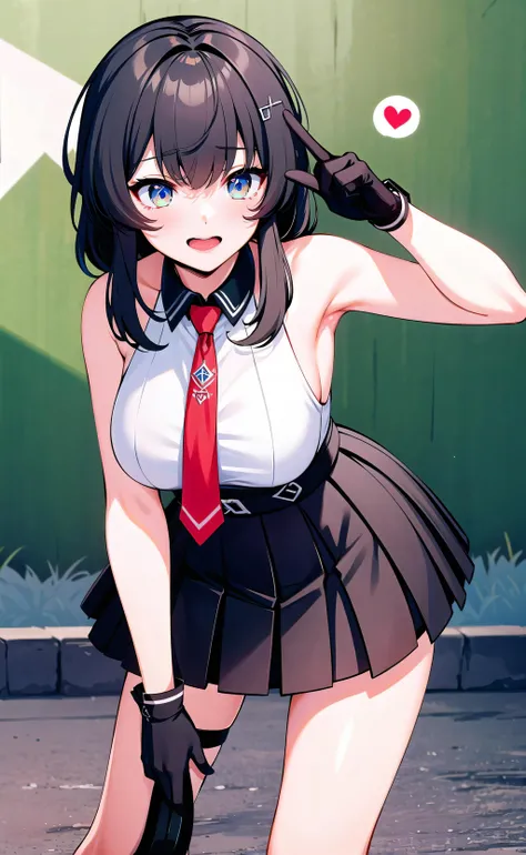 original outfit, 1girl, solo, spoken heart, necktie, black gloves, breasts, skirt, shirt, sleeveless, hand on hip, leaning forward, :i, outdoors, hand on own knee,