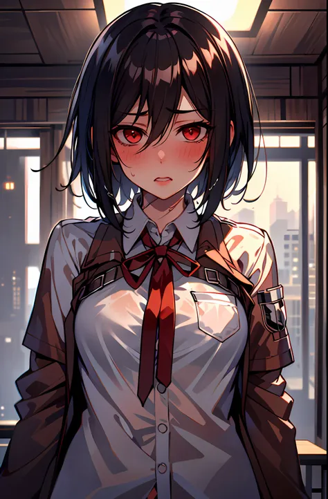 (masterpiece,best quality, detailed), 1girl, solo, indoors, night, upper body, sweat, ahegao, rolling eyes, blush, wet shirt,
Mikasa Ackerman , neck ribbon, collared shirt, school uniform,