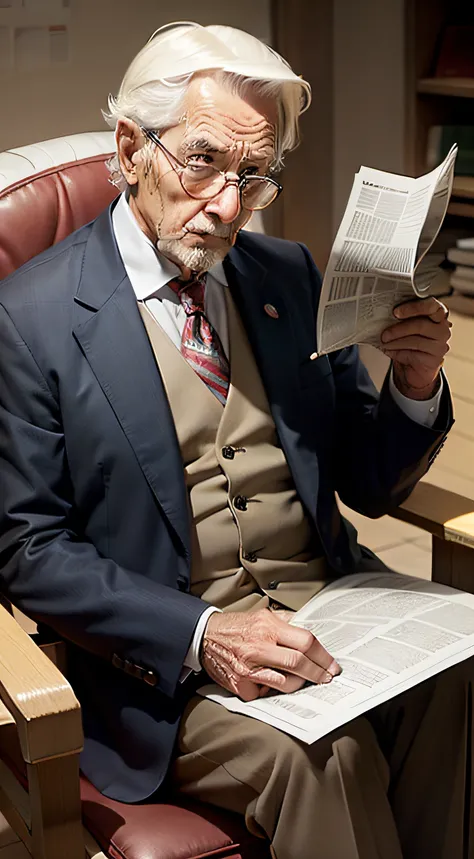 Old rich man reading newspaper