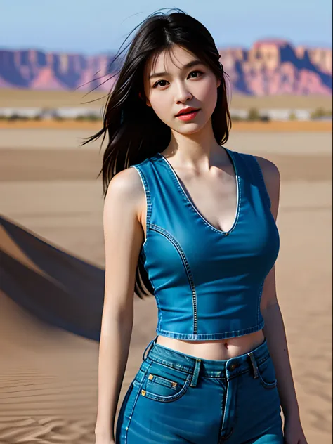 In the background of Desert，looking at viewert，depth of fields，Bokeh，The light drops，
1 girl wearing a deep V vest and jeans，Black eyes，photography of，(full bodyesbian), tmasterpiece， best qualtiy， A high resolution， realistic detail， Glowing skin， Mature ...