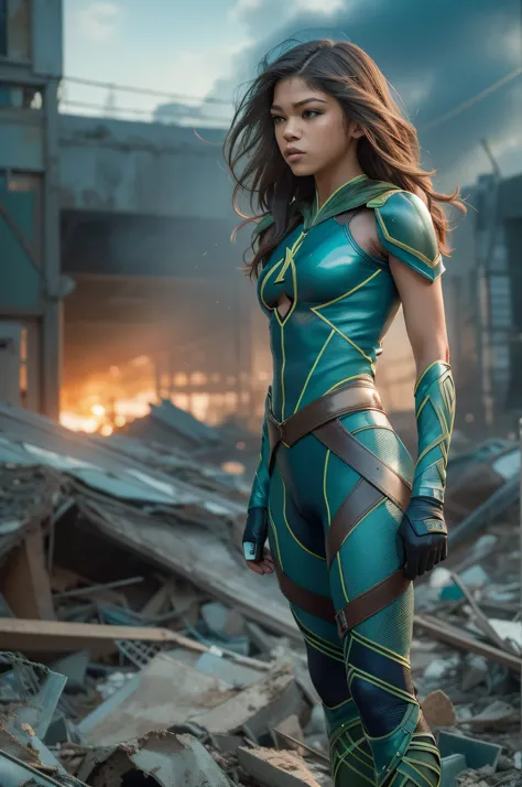 Zendaya in detailed (transparent 98%) ice blue (transparent 80% green arrow costume), huge breasts, superhero pose, dark brown hair, standing in a ruined city at sunset, hyperdetailed, smoke, sparks, sunbeams, (8k), realistic, symmetrical, award-winning, c...