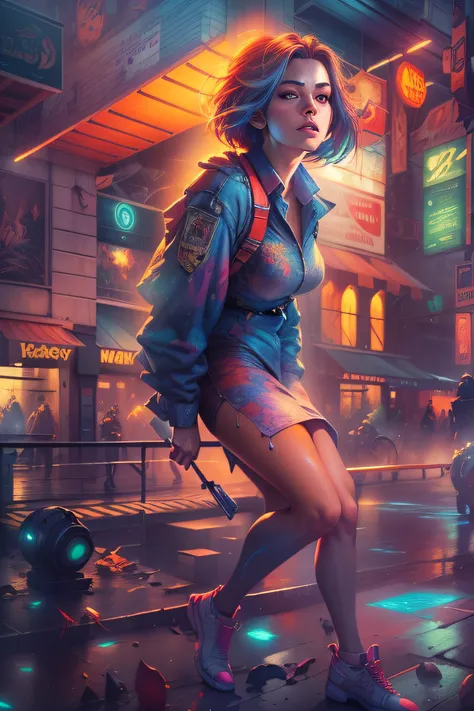 (female,short hair)(city background)(best quality, highres, masterpiece:1.2)(ultra-detailed, realistic:1.37)(digital art,concept artists, vibrant colors)(warm and vibrant, urban lighting)