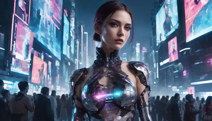 In a futuristic metropolis, Cyborg Woman, Her clothes were torn to shreds, Standing against the backdrop of towering holographic billboards, In a sea of bustling crowds, It shows the fusion of man and machine in the cyberpunk world., digital art, High-reso...