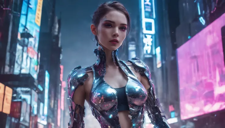 In a futuristic metropolis, Cyborg Woman, Her clothes were torn to shreds, Standing against the backdrop of towering holographic billboards, In a sea of bustling crowds, It shows the fusion of man and machine in the cyberpunk world., digital art, High-reso...