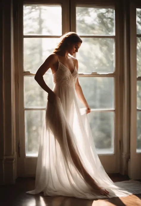 pretty woman with polished white skin and streamlined body and bare foot, near the window with gauzy white curtain, bright sunlight, candid and soft --ar 3:4 --style raw