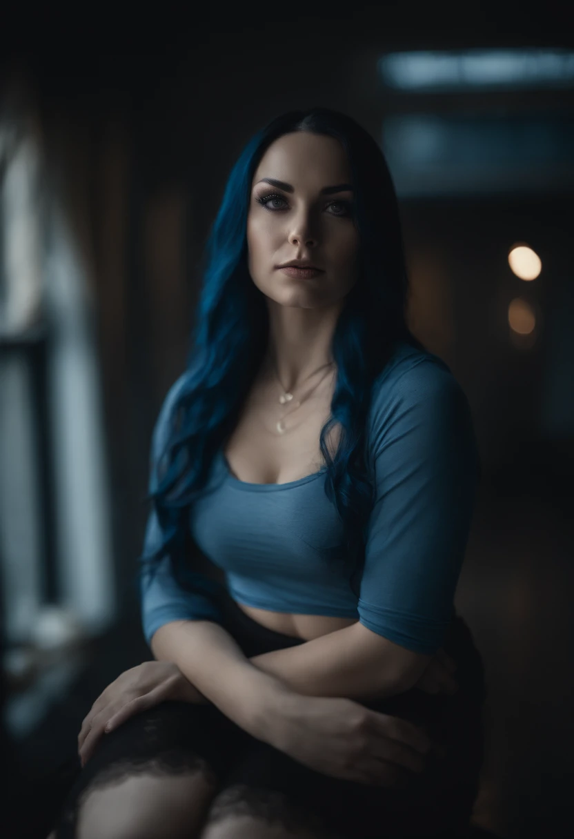 RAW photo, beautiful woman, (detailed face)，(long wavy strong blue hair, yearning eyes) ,(perfect small breasts) ,legs are open，(kneeling), (overized t-shirt, knee high stockings, sheer panty) , long wavy black hair, metal choker on neck, cinematic shot, u...