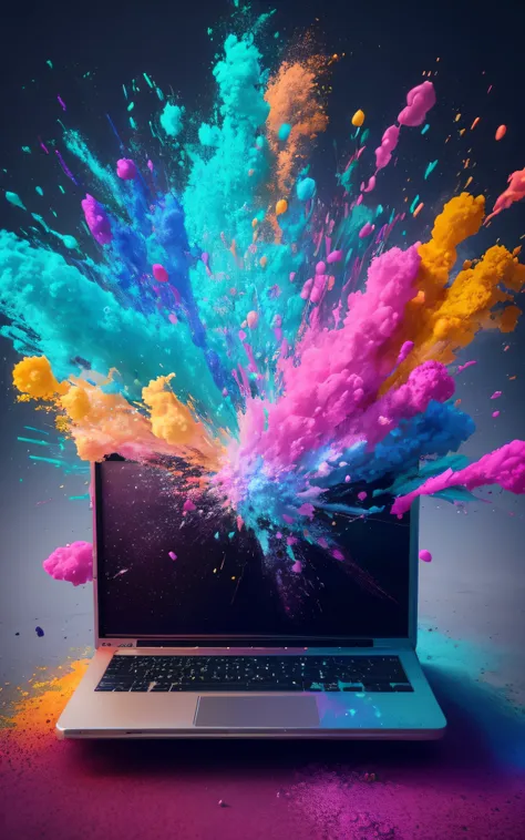 a laptop with colored powder flying out of it, colorful explosion, colorful explosion, Color Explosion, tela colorida do computador, explosion of data fragments, explosion of colors, an explosion of colors, burst of colour, explosion of color paint, fundo ...