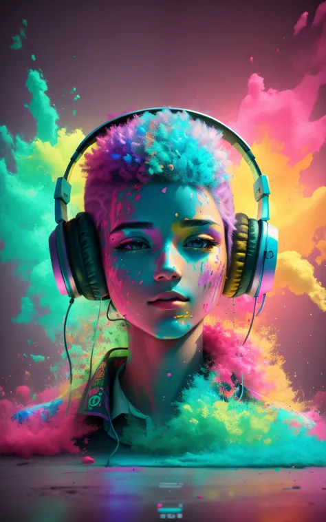 a man with headphones and colored powder on his face, psychedelic dust, psychedelic color theme, vibing to music, psychedelic effects, Fones de ouvido DJ Rave, music is life, style hybrid mix of beeple, listening to godly music, Fones de ouvido ligados, au...