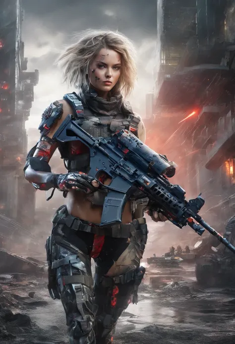 Postapocalyptic combat scene with a Beautiful hyperrealistic photograph of cute Young Swedish woman with Runic tattoos, ((dirty face Blood splattered)), (((wearing full heavy mecha armor, combat harness, Neon highlights))) Short Red Dreadlocks, combat pose...