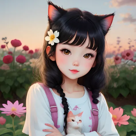 Cute little girl , anime , cat hair, in a flower garden ,with pose ✌️, bang hairstyle, black hair,cute, black eyes, pink lips, blush, flower on the sky, evening