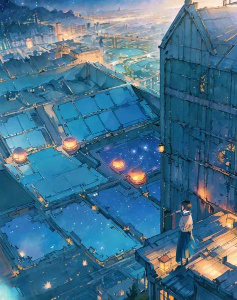 best quality, masterpiece, extremely detailed, detailed background, anime, 1girl, young girl, short girl, sci-fi, science fiction, outdoors, night, starry sky, greenhouse, megastructure, bio-dome, landscape, scenery, horizon, rooftop, sitting on rooftop, w...