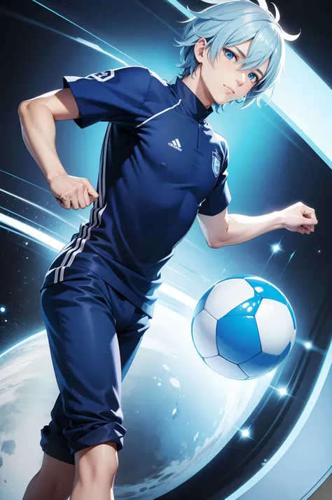 Anime - imagem de estilo de um homem em um uniforme azul com uma bola de futebol