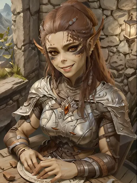 Laezel from Baldurs Gate 3, sitting at a table in a tavern at night, smiling happily