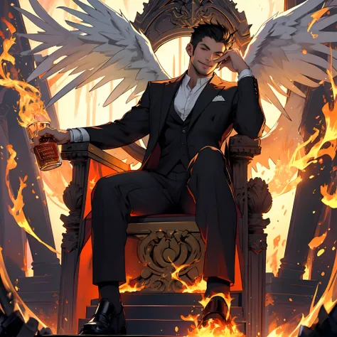 8k, best quality, masterpiece, lucifer morningstar, one masculine british male angel with dark hair, sensual smile, flaming wing...