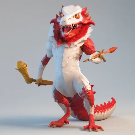 best quality, masterpiece, full body, kobold, female, voluptuous, white t-shirt, thick thighs, red scales,