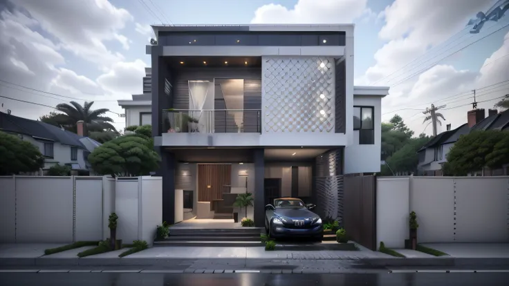 arafed house with a car parked in front of it, 3 d renders, 3d rendering, 3 d rendering, complete house, 2 d render, 3 d render, 3d render, overall architectural design, d render, architectural visualization, front-view, concept house, render 3 d, realisti...