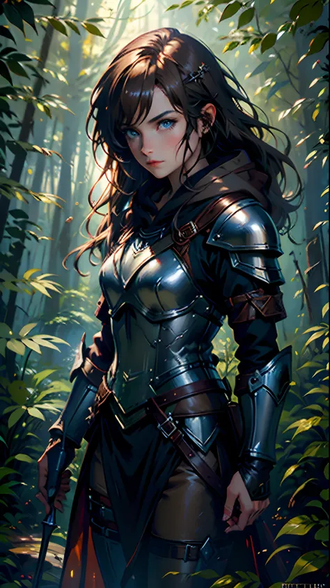 bj_oil_painting, fantasy scene, female ranger, olive and brown robes, leather armor, hood drawn up, long brown hair, blue eyes, ...