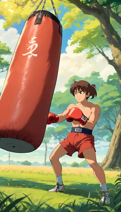 A boxer punch a punching bag alone at a field, A tree at the background