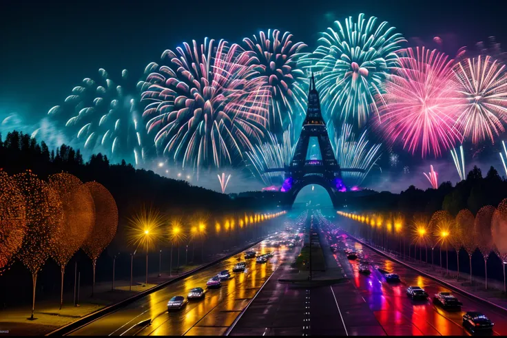 (fantastic realism fireworks:1.3), (expressing the tree-lined avenue with fireworks:1.1), (foggy water column:1.2), (fireworks of speed techno:1.3), (fireworks of epic trance:1.3), (fire works of hyper euro beat:1.3), glorious, however, road of evil empire...