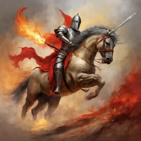 Knight with fire sword charging on a unicorn towards a red-skinned devil, epics, radiante, Movimentos, incrivelmente detalhado, hiper-realista. matando um dragao