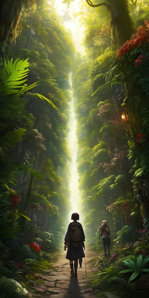 Digital illustration, Detailed and intricate, The dense jungle is full of exotic plants and animals, Sunlight shines through the canopy，Produces a mottled effect. In the style of Yoshitaka Amano and Hayao Miyazaki, Masterpiece, Proportional, Detailed, tren...