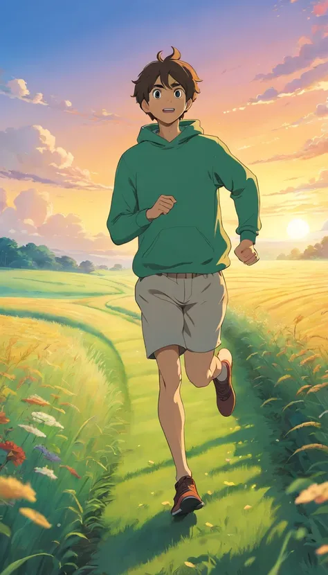 A guy running at a field , hoody, alone, dawn