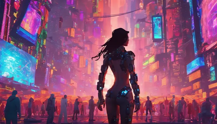 In a futuristic metropolis, Cyborg Woman, Her clothes were torn to shreds, Standing against the backdrop of towering holographic billboards, In a sea of bustling crowds, It shows the fusion of man and machine in the cyberpunk world., digital art, High-reso...