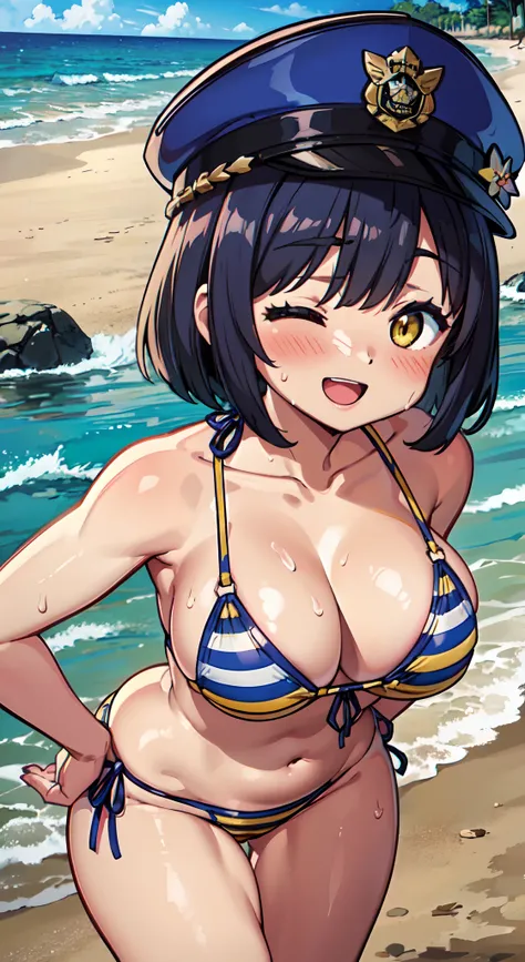 (Perfect body),Best Quality,(8K Portrait),(Official art)、(Police Hat)、embarrassed from、(((:D)))、(One eye is closed)、showing teeth、(((blush))),(Sweat),((((large udder))))、((((Big ass))))、(Dark hair),((bob cuts)), Short hair, (Yellow eyes),(((thick thighs)))...