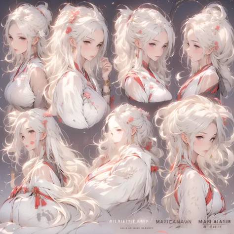 Masterpiece, Highest quality, Detailed face, CharacterDesignSheet，perfectly proportions，full bodyesbian， beautiful goddess woman，Full of details, Multiple poses and expressions, Highly detailed, light yarn，Hanfu，A pink-haired，Starlight pupils，long eyelashe...