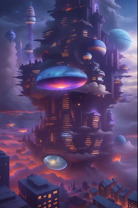 （The city of the future in the sky:1.6)，Many fantastic high-rise buildings, Future spacecraft，Fantasy art, Floating city in the sky, in front of a fantasy city, fantasy cityscape, (floating city on clouds:1.5), Huge floating city, City in the Sky, fantasy ...