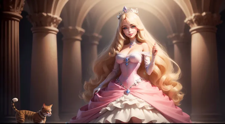 Very beautiful Barbie doll like a princess wearing a crown standing next to cats, bright eyes, full body portrait, wearing a discreet dress, zoom, sexy face, sexy eyes, smiling mouth, bright eyes, crystal eyes , super realistic, super detailed