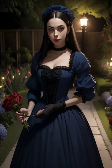 vampira, 19 anos, parecida com oona chaplin. wears modest dress with blue sleeves from the 18th century. noite, sombras, darkeness, is in a garden with red roses.