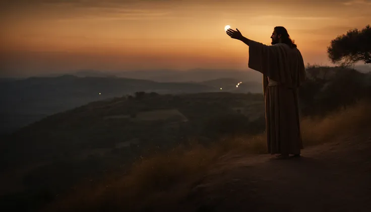 Jesus rezando no monte tabor, Looking Up The Sky, noite, luz do luar.  Arte sacra