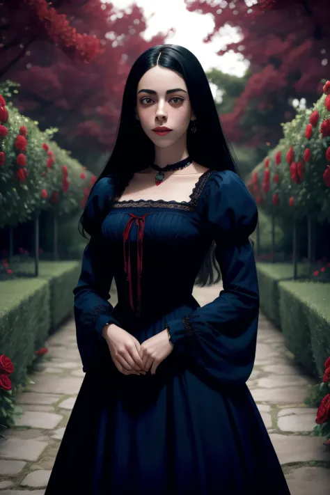 vampira 19 anos, parecida com oona chaplin, wears modest dress with blue sleeves from the 18th century with red roses. is in a garden at night with red roses. Dark scenery with many shadows.