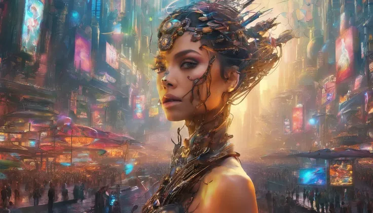 In a futuristic metropolis, Cyborg Woman, Her clothes were torn to shreds, Standing against the backdrop of towering holographic billboards, In a sea of bustling crowds, It shows the fusion of man and machine in the cyberpunk world., digital art, High-reso...