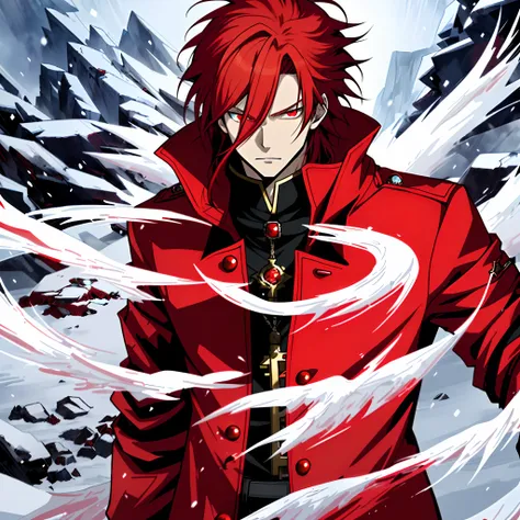 Anime characters with long red hair and red eyes in snowy landscapes, Red Ice Mage,Tall anime guy with red eyes, Key anime art。male anime character,  Detailed key anime art, full portrait of magical knight, Red coat, Has red ice power