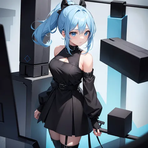 A girl, light blue ponytail hair held up by black cuboid things, black dress with blue neck line and bottom and a long black wristbands, normal black boots