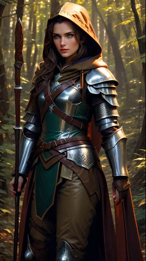 bj_oil_painting, fantasy scene, female ranger, olive and brown robes, leather armor, hood drawn up, long brown hair, blue eyes, ...