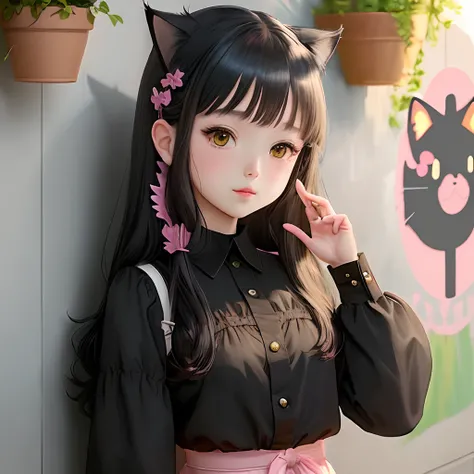 Cute little girl , anime , cat hair, ,with pose ✌️, bang hairstyle, black long hair,cute, black eyes, pink lips, blush, , evening, wearing a red frock, manga art, manga drowning, detailed, background is a wall with hanging some green plants,