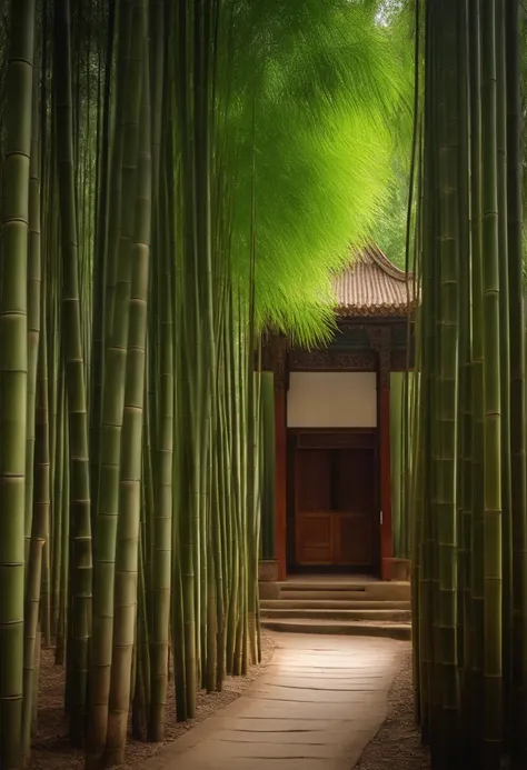 tranquil bamboo groves surrounding a ancient courtyard school