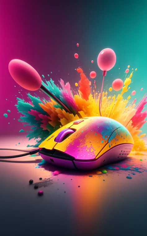 a closeup of a computer mouse with colored powder on it, cinema 4d render colorido, rato, salpicos de cor, rato para computador, Cinema 4 d arte, salpicos de cor, digital art render, cores do bipe, 3d arte digital 4k, bipe. hiper-realismo, cores estourando...