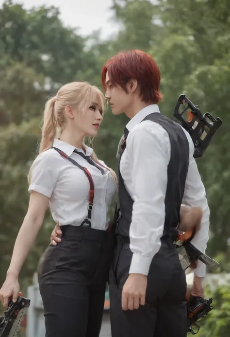 open mouth,(kiss),best quality, insanely detailed,1girl,1boy, sitting,in-flight and and (1boy:1.4) BLOND HAIR, denji (chainsaw man),and 1gir,makima (chainsaw man), best quality, ultra detailed, 1girl, , standing, red hair, long braided hair, golden eyes, b...