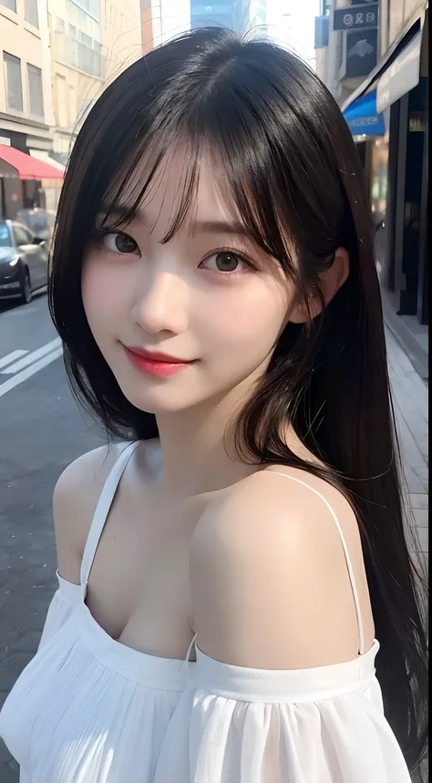 randome pose, mix4, (8K, Raw photography, top-quality, ​masterpiece: 1.45), (realisitic, Photorealsitic: 1.37), one girls, cute little, A smile、Cityscape, natta, profetional lighting, cafes,street,photon maping, Radio City, physically-based renderingt, Gra...