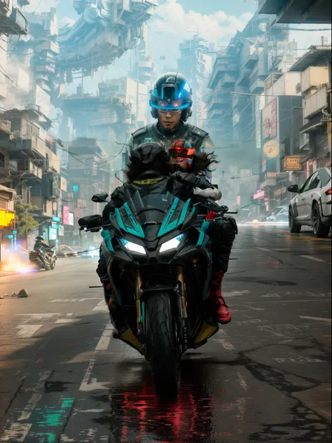 boy riding a superbike in cyberpunk futuristic city, anime, cinematic