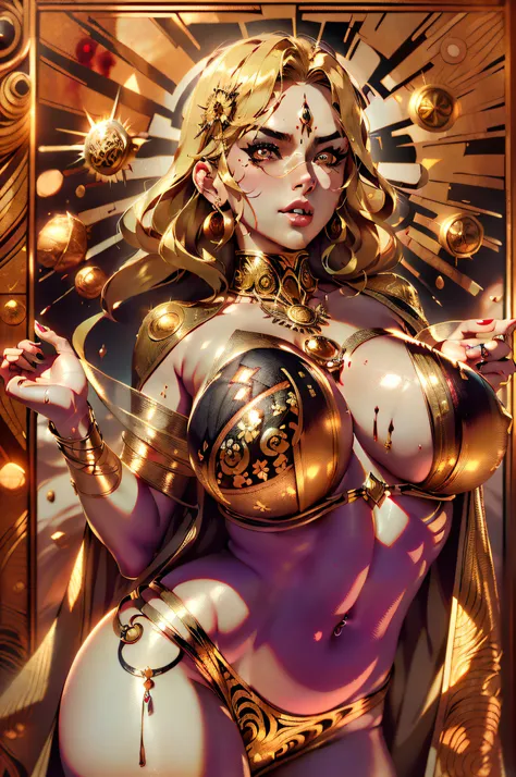 (Hermela, Goddess of Day, Incarnation of Daylight, Milf, ((Super Huge Tits)), (Mom), Integrity, Justice, Extreme Majesty, Chest Rubbing, Golden Eyes, Bloodless Skin, Chest Tattoos, Passion Like Fire, Shaping a Glorious Atmosphere, Fair Skin, Blonde Hair, G...